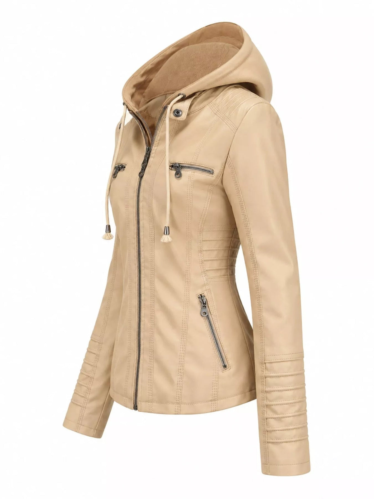 A beige faux leather moto jacket with a detachable drawstring hood, zip closure, fitted regular silhouette, seam detailing, and multiple zippered pockets.