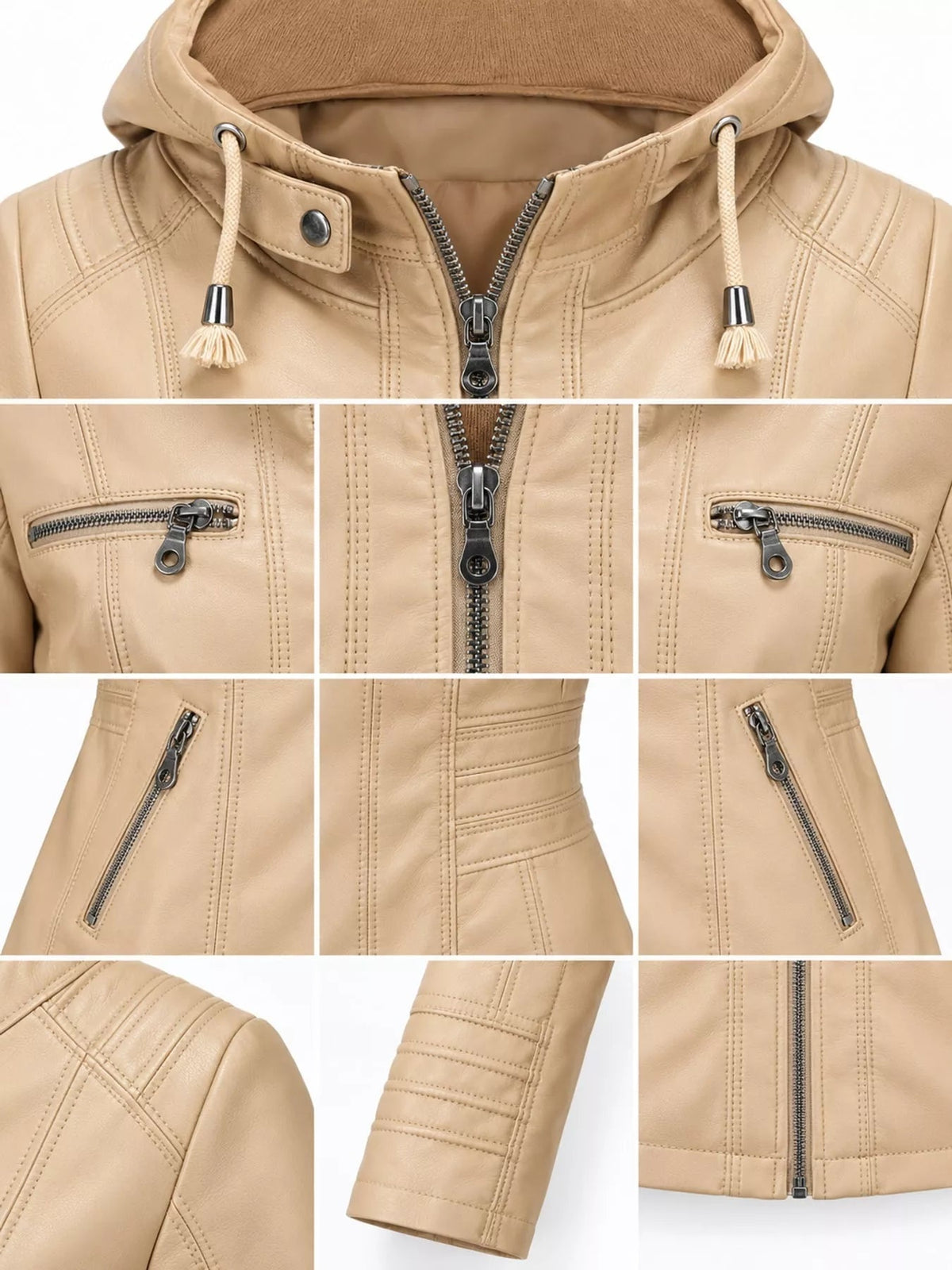 Beige faux leather moto jacket with a drawstring hood, zip-front closure, multiple zippered pockets, and detailed panel stitching.