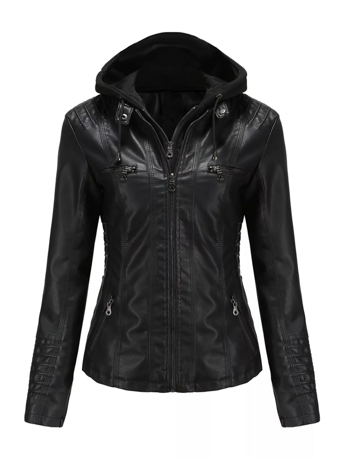 Black faux leather moto jacket with a detachable drawstring hood, zip closure, fitted silhouette, stitched seam details, and multiple zippered pockets.