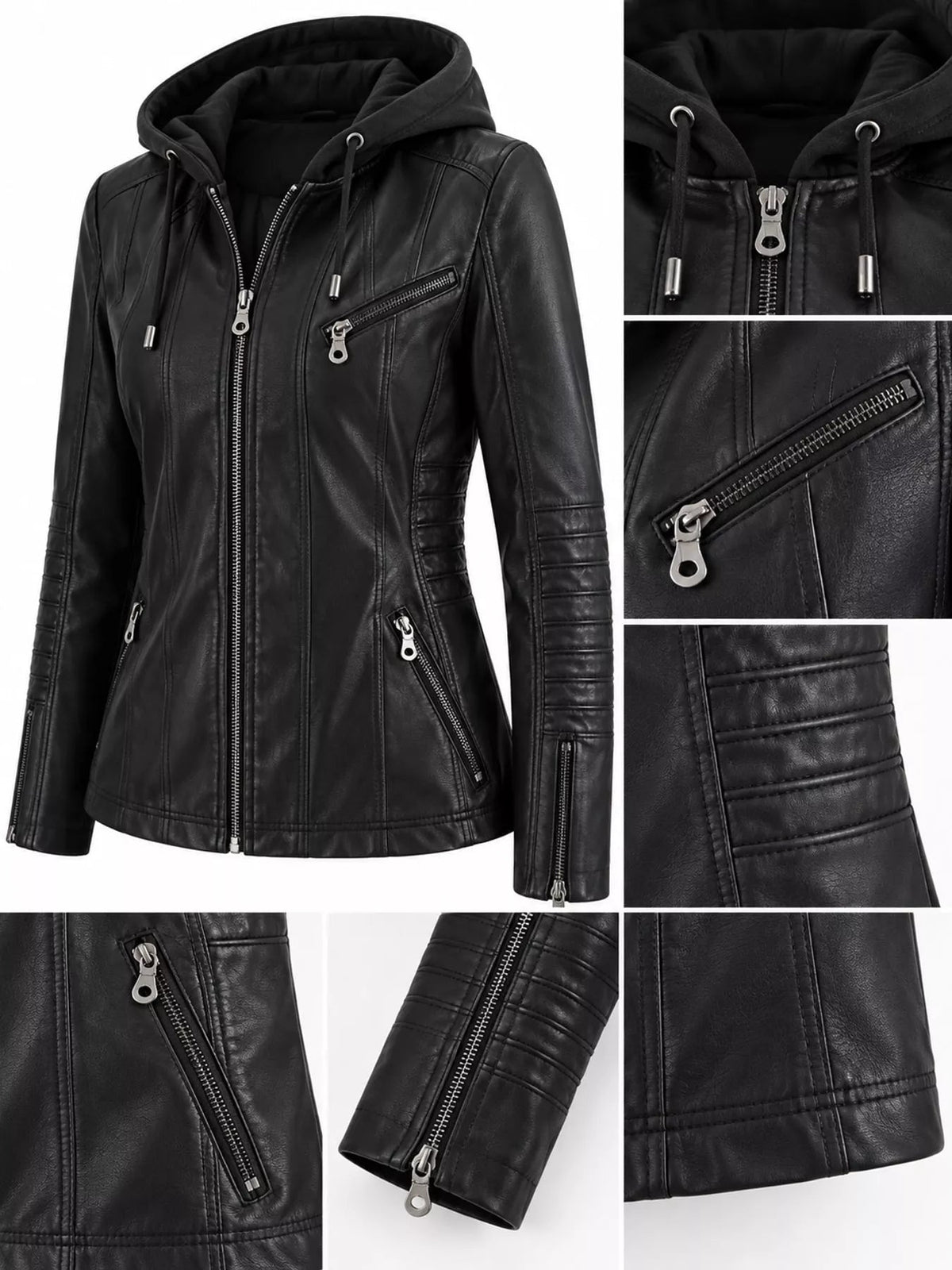 Black faux leather moto jacket with a detachable drawstring hood, zip closure, multiple zippered pockets, seam detailing, and quilted sleeve panels in a regular silhouette.