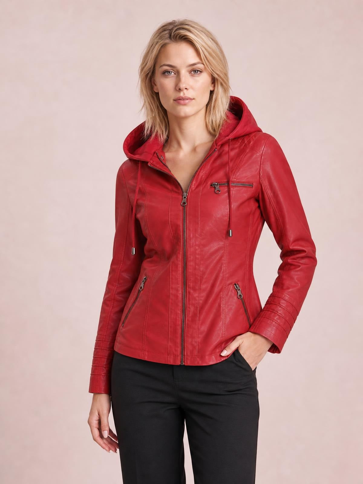 A model poses in a red faux leather moto jacket with a hood, zip closure, seam detailing, multiple zip pockets, long sleeves, and a regular silhouette.