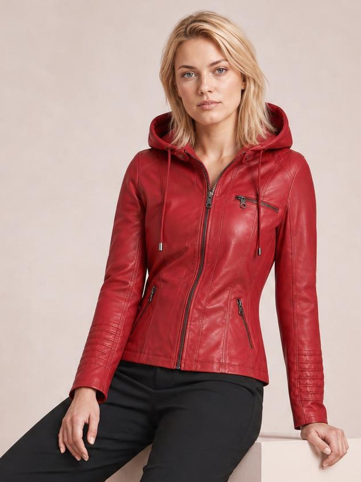 Model wears a red faux leather moto jacket with a hood, drawstrings, zip closure, seam detailing, and multiple zippered pockets in a regular fit.