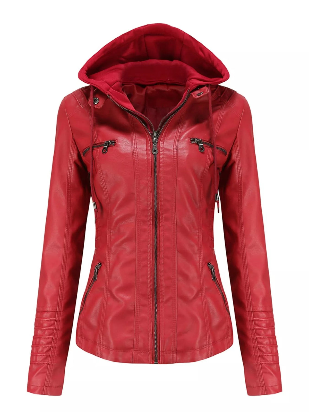 A red faux leather moto jacket with a hood, zip-up front, seam detailing, long sleeves, and multiple zippered pockets in a regular silhouette.