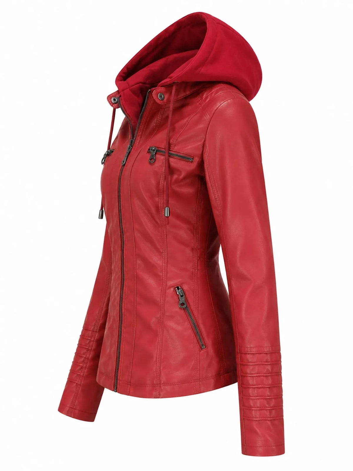 Red faux leather moto jacket shown on a mannequin in a three-quarter view, with hood, zip front, seam detailing, drawstrings, zippered pockets, and long sleeves.
