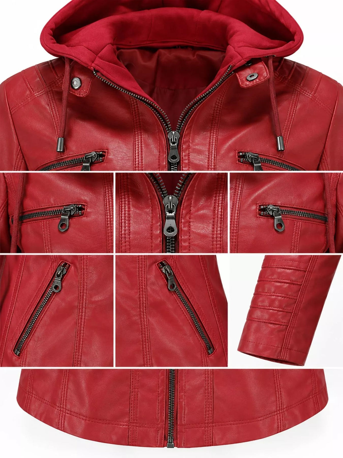 Red faux leather moto jacket with a hood, zip-front closure, multiple zip pockets, paneled seam detailing, and a regular cropped silhouette.