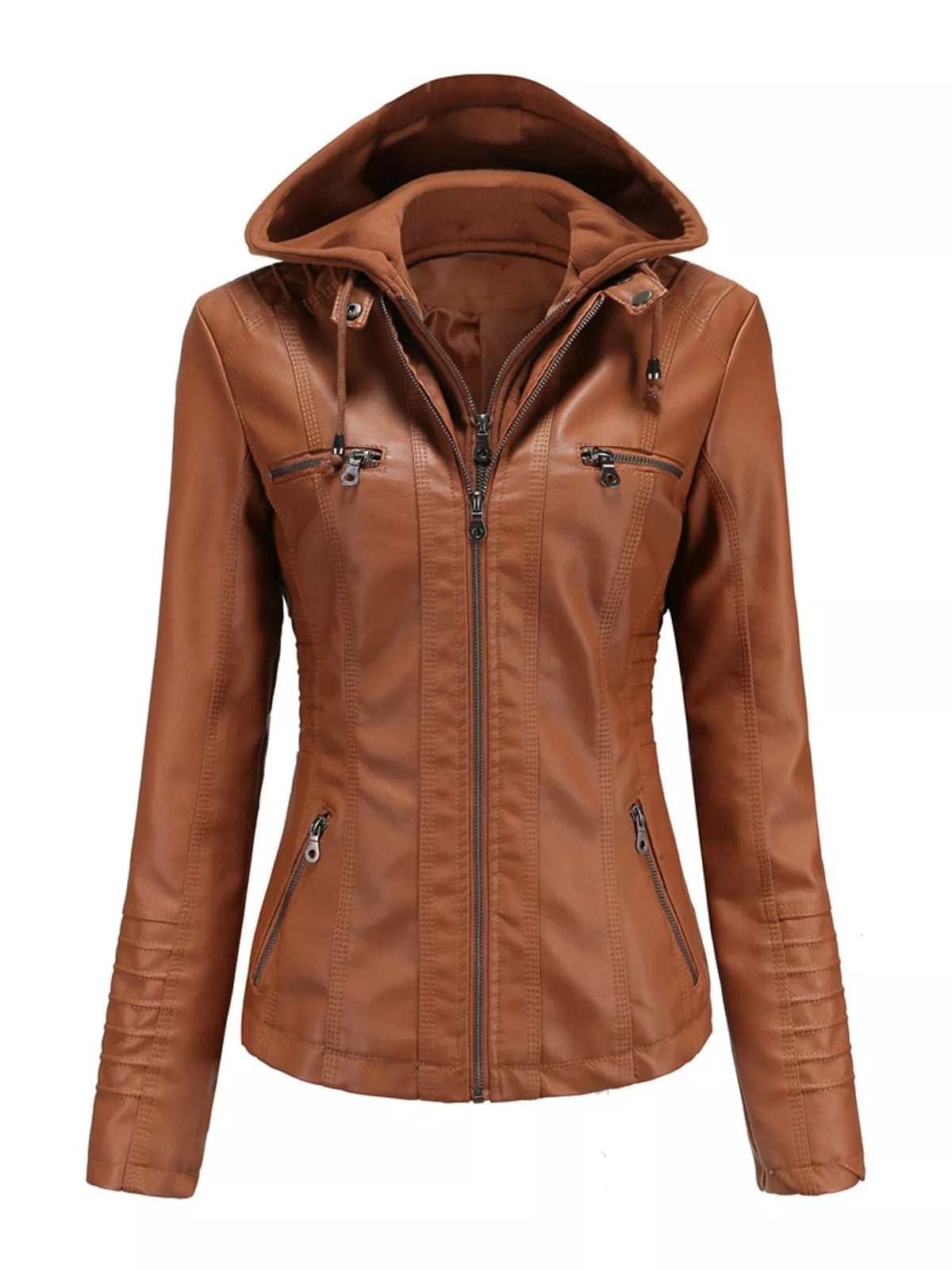 Brown faux leather moto jacket with a detachable hood, zip front, fitted silhouette, seam detailing, long sleeves, and multiple zippered pockets.