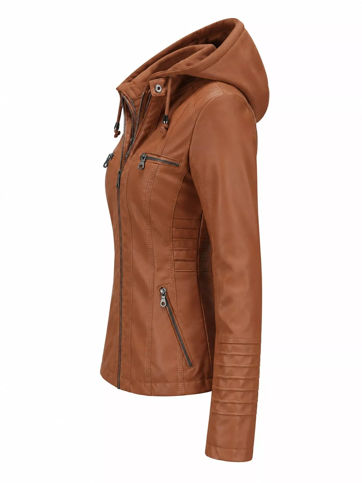Brown faux leather moto jacket with a detachable hood, zip closure, drawstrings, multiple zip pockets, seam detailing, and a regular fitted silhouette.