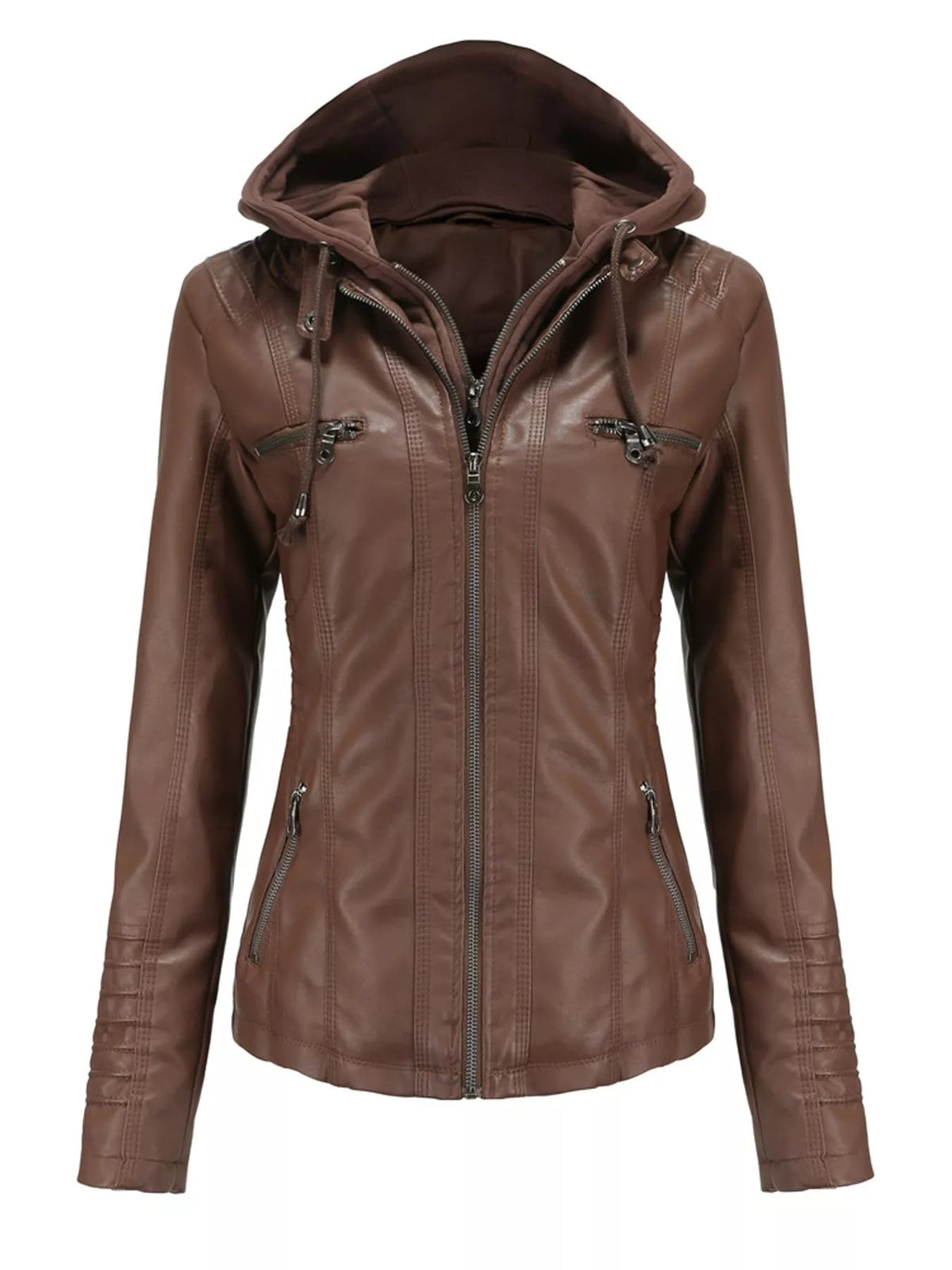 Brown faux leather moto jacket with a detachable hood, regular silhouette, full zip closure, seam detailing, drawstrings, and multiple zippered pockets.