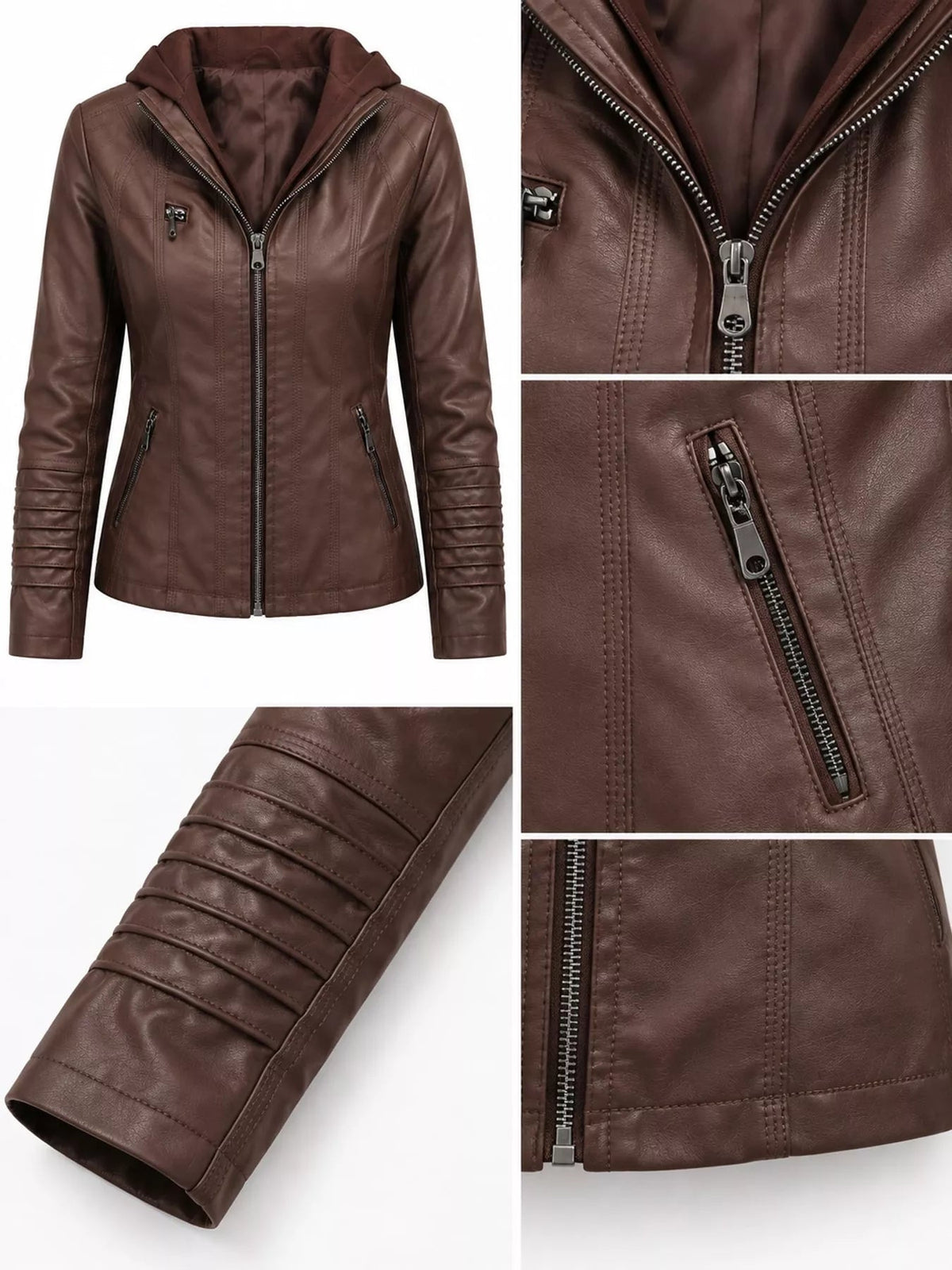 Brown faux leather moto jacket shown front-on with a hood, full zip closure, seam detailing, zippered pockets, and quilted sleeve panels.