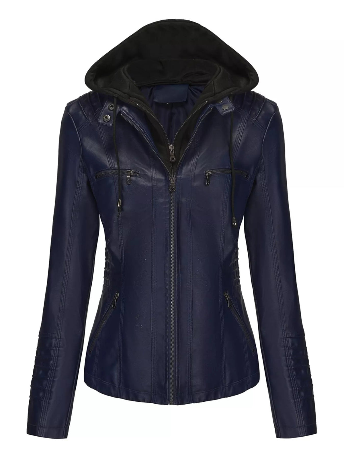 Navy faux leather moto jacket with a detachable hood, zip closure, drawstrings, seam detailing, multiple zip pockets, and a structured regular silhouette.