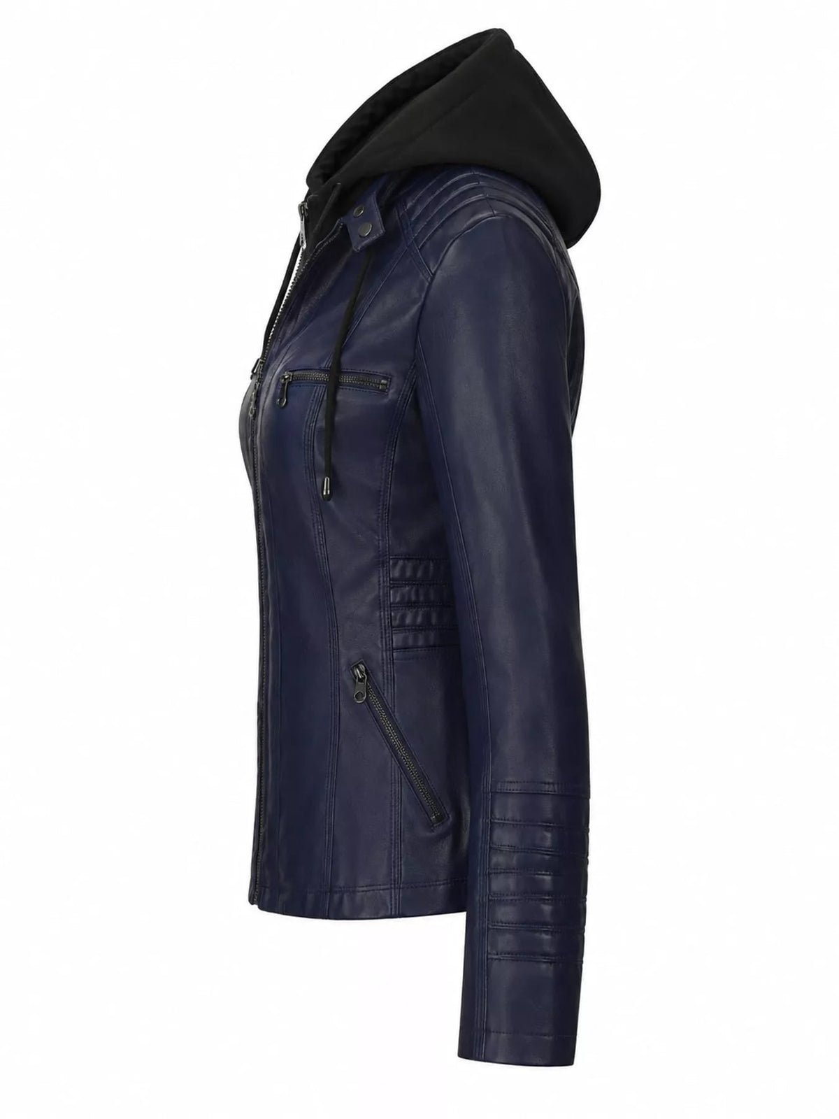Side view of a model wearing a navy faux leather moto jacket with a hood, zip closure, seam detailing, zippered pockets, and quilted sleeve panels.