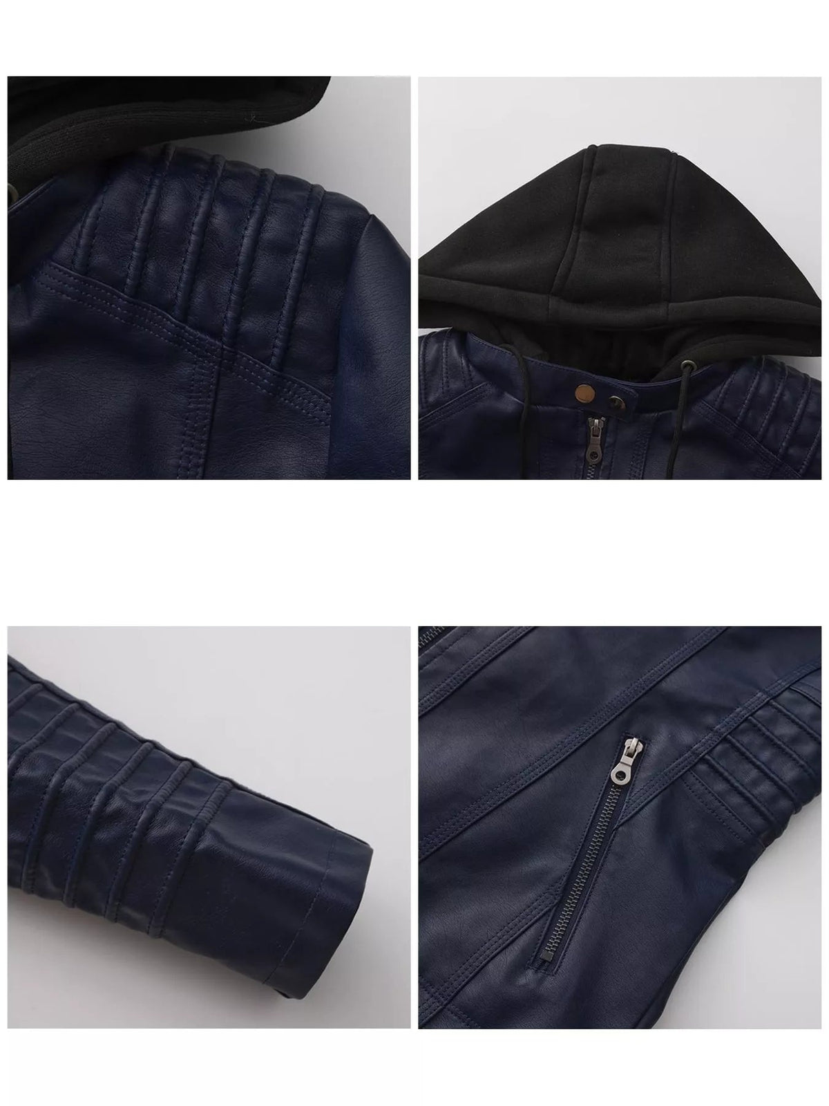 Close-up details of a navy faux leather moto jacket show quilted shoulder and sleeve panels, seam construction, a zip closure, pocket, and hood with drawstring.
