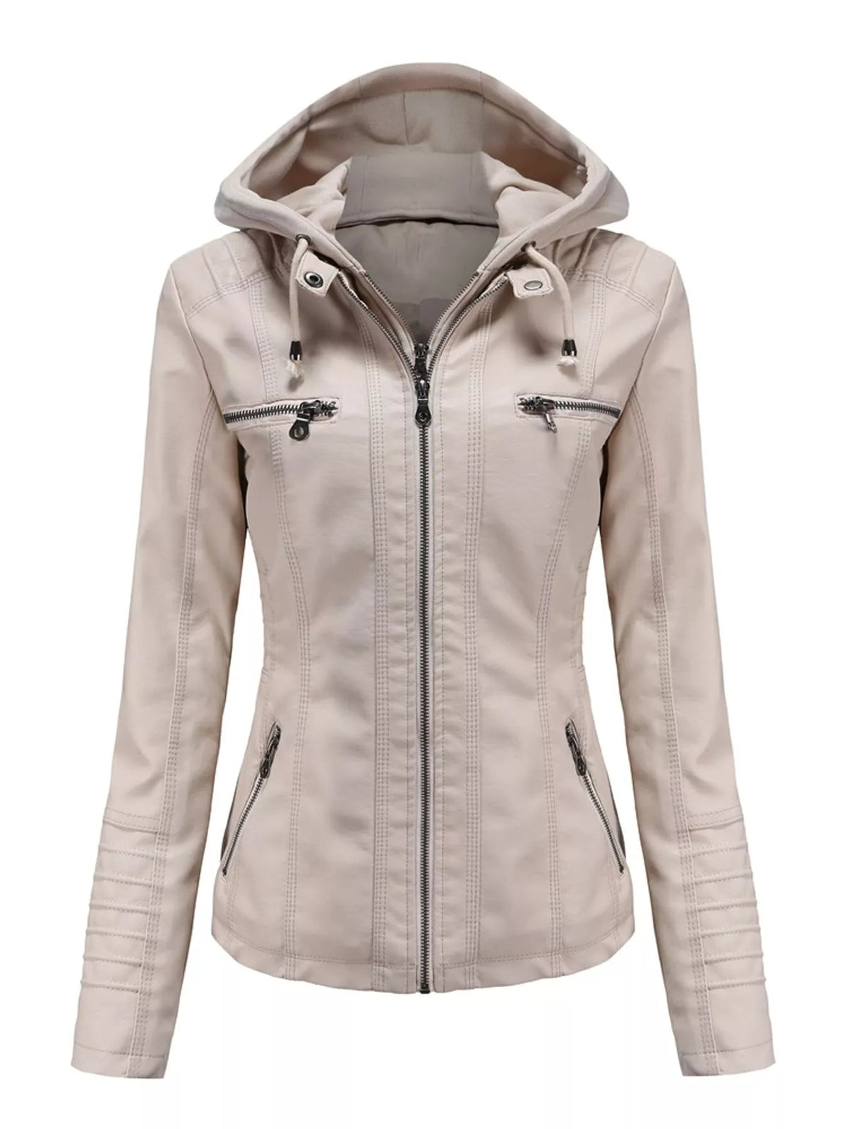 Light beige faux leather moto jacket with a hood, drawstring, full zip closure, tailored silhouette, seam detailing, and multiple zippered pockets.