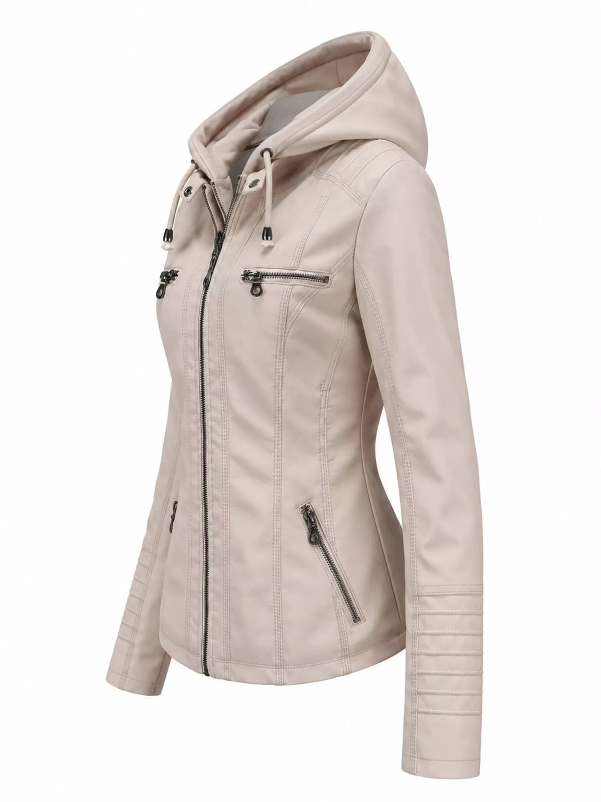 Cream faux leather moto jacket with a hood, fitted silhouette, zip closure, contrast seam detailing, multiple zippered pockets, and long sleeves.