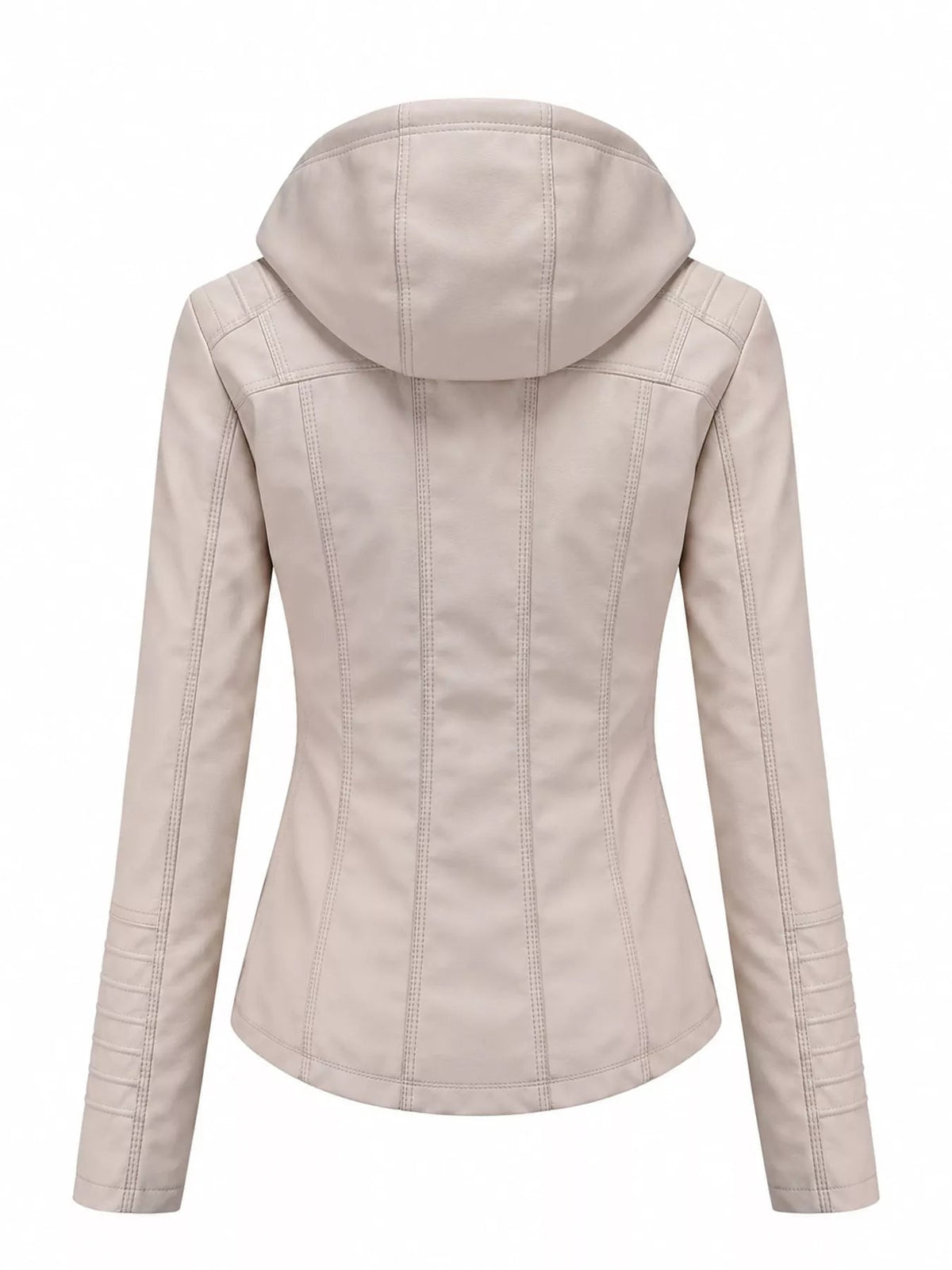 Back view of a beige faux leather moto jacket with a large hood, long sleeves, fitted silhouette, zip closure, and prominent vertical seam detailing.