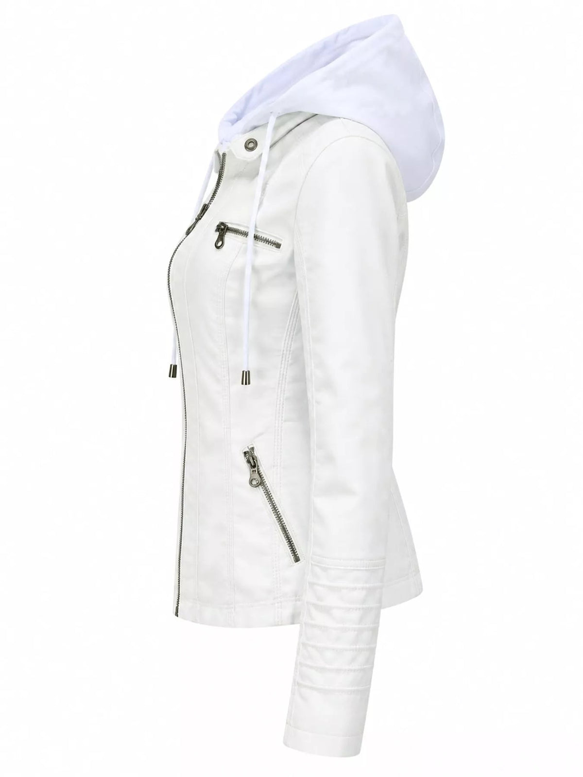 White faux leather moto jacket with a fitted silhouette, hood and drawstrings, zip-front closure, seam detailing, and multiple zippered pockets.