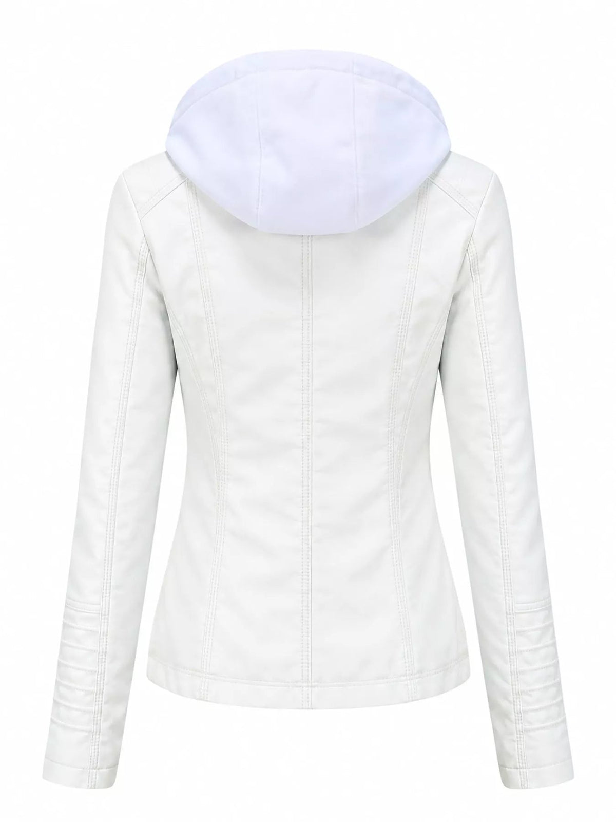 Back view of a white faux leather moto jacket with a detachable hood, long sleeves, regular silhouette, and prominent vertical seam detailing.