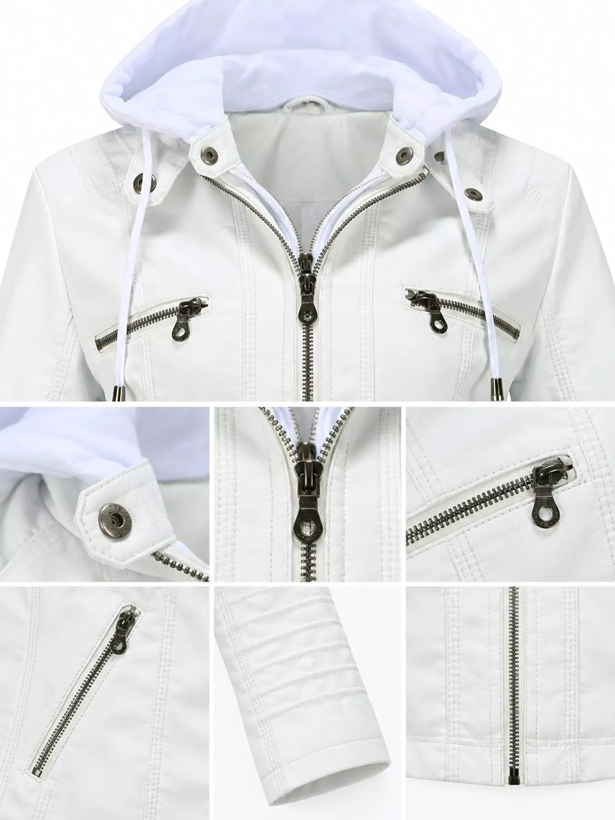 White faux leather moto jacket with a hood, zip closure, multiple zippered pockets, snap details, drawstrings, and quilted seam accents.