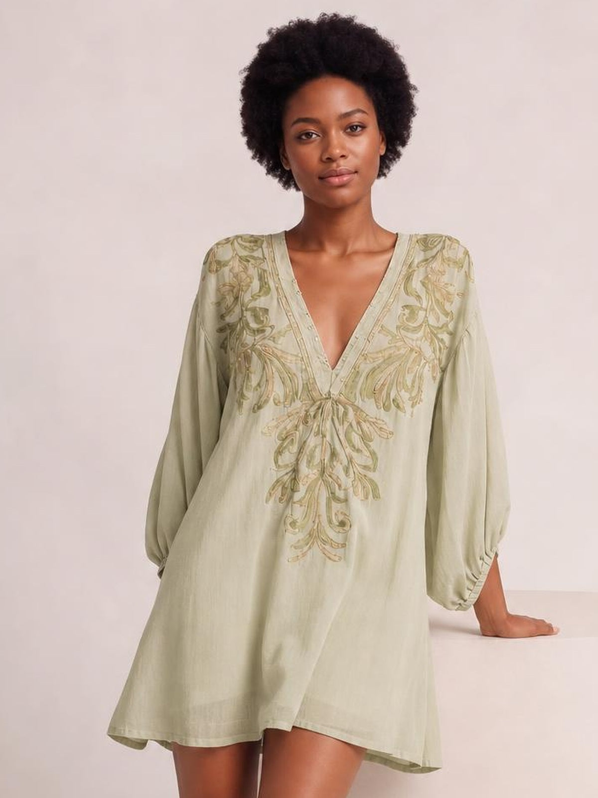 Model poses in a pale green embroidered V-neck mini dress with a loose A-line silhouette, long sleeves, and a flowing flared hem.