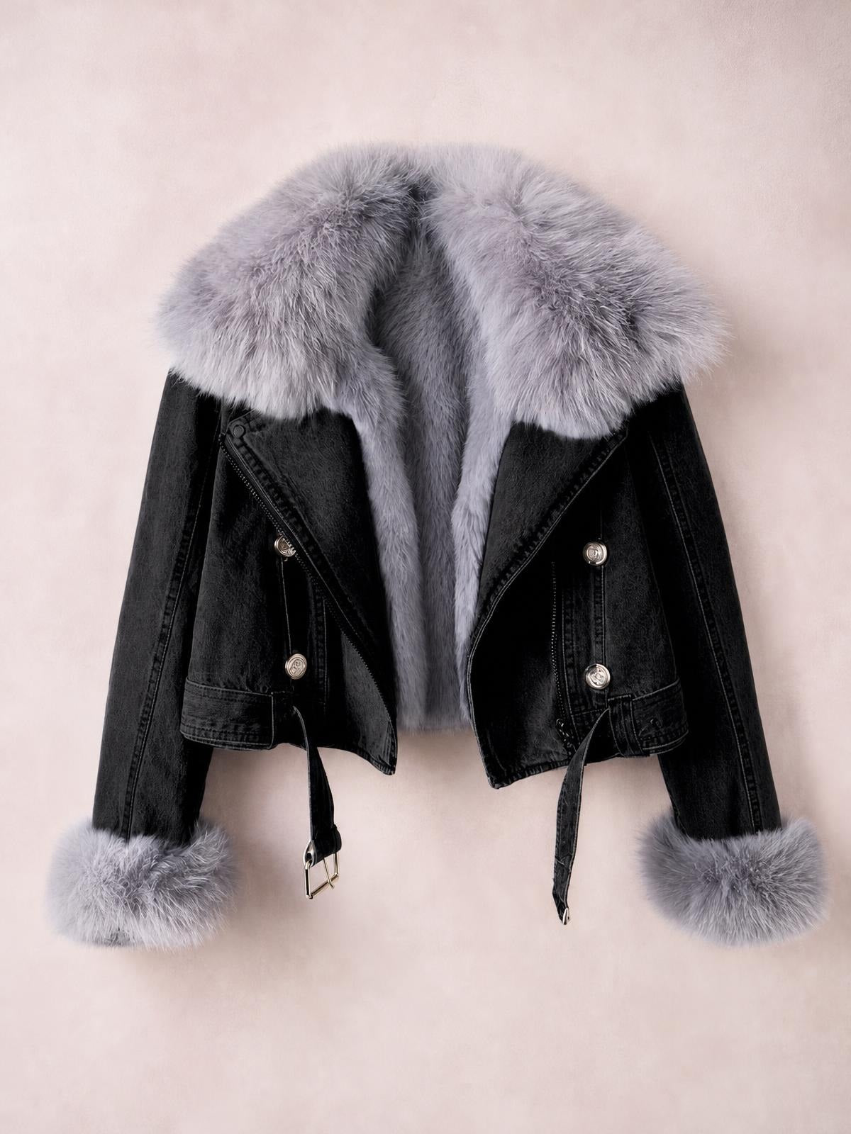 Black denim jacket with a cropped silhouette, silver-tone buttons, zip details, and a plush gray faux fur collar and matching cuffs.