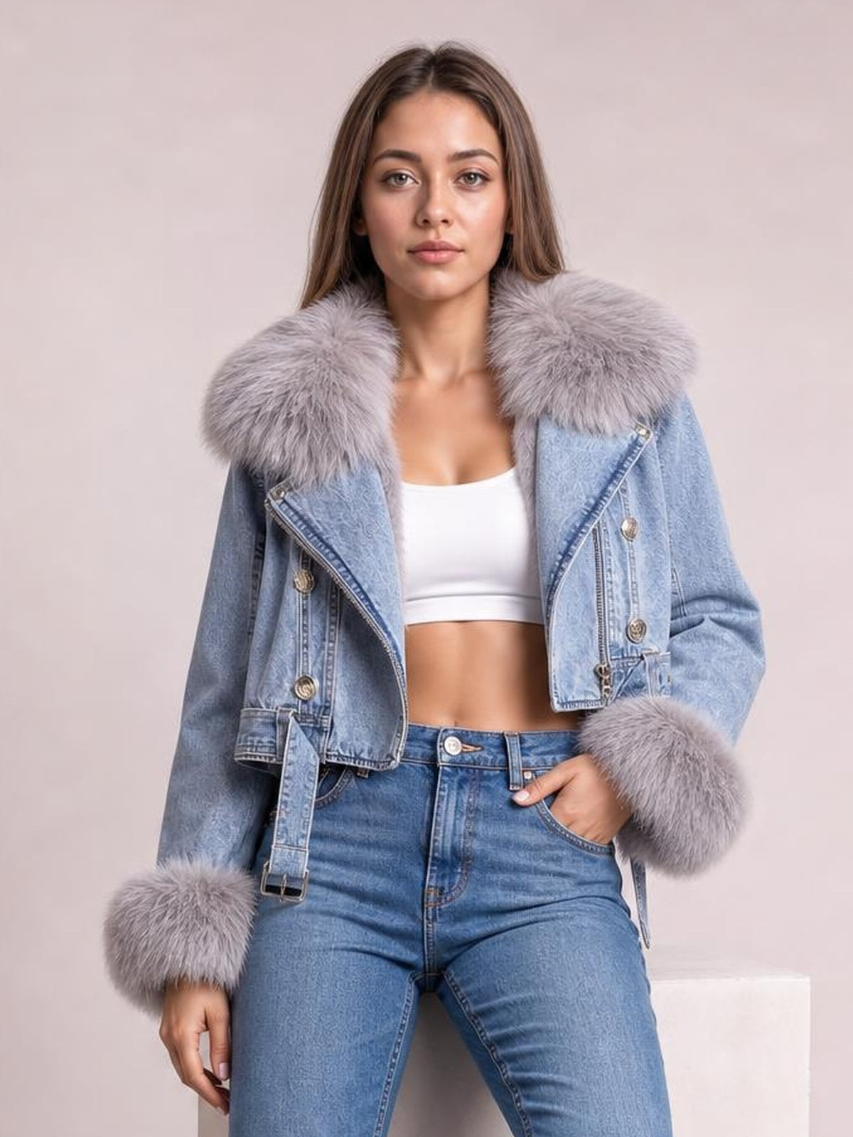 A model poses in a light blue denim jacket with an oversized gray faux fur collar and cuffs, open front, diagonal zipper, and belted cropped silhouette.