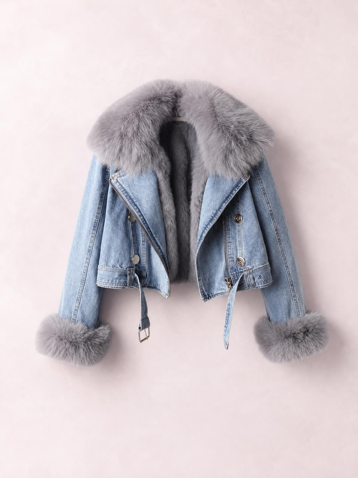 Light-wash denim jacket with an oversized gray faux-fur collar and cuffs, cropped moto silhouette, asymmetrical zip front, snap details, and belted hem.