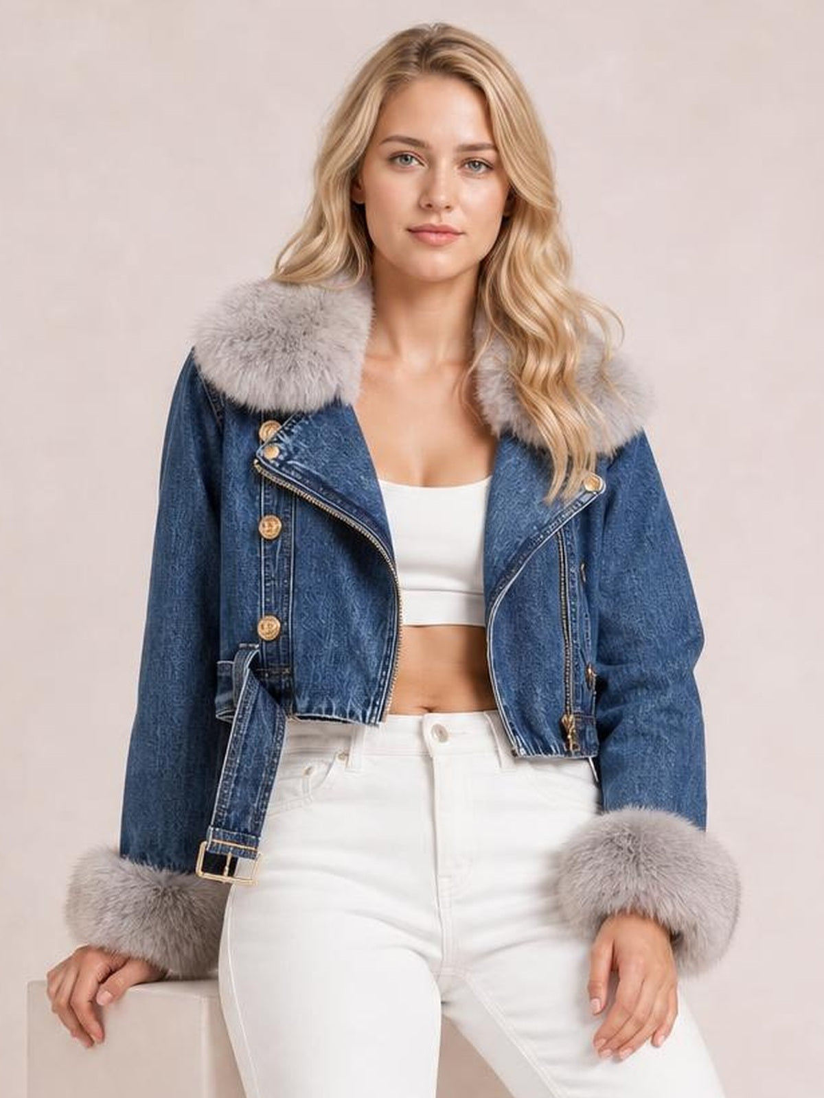 Model poses facing forward in a cropped blue denim jacket with a plush gray faux fur collar and cuffs, asymmetrical zip closure, and belted waist.