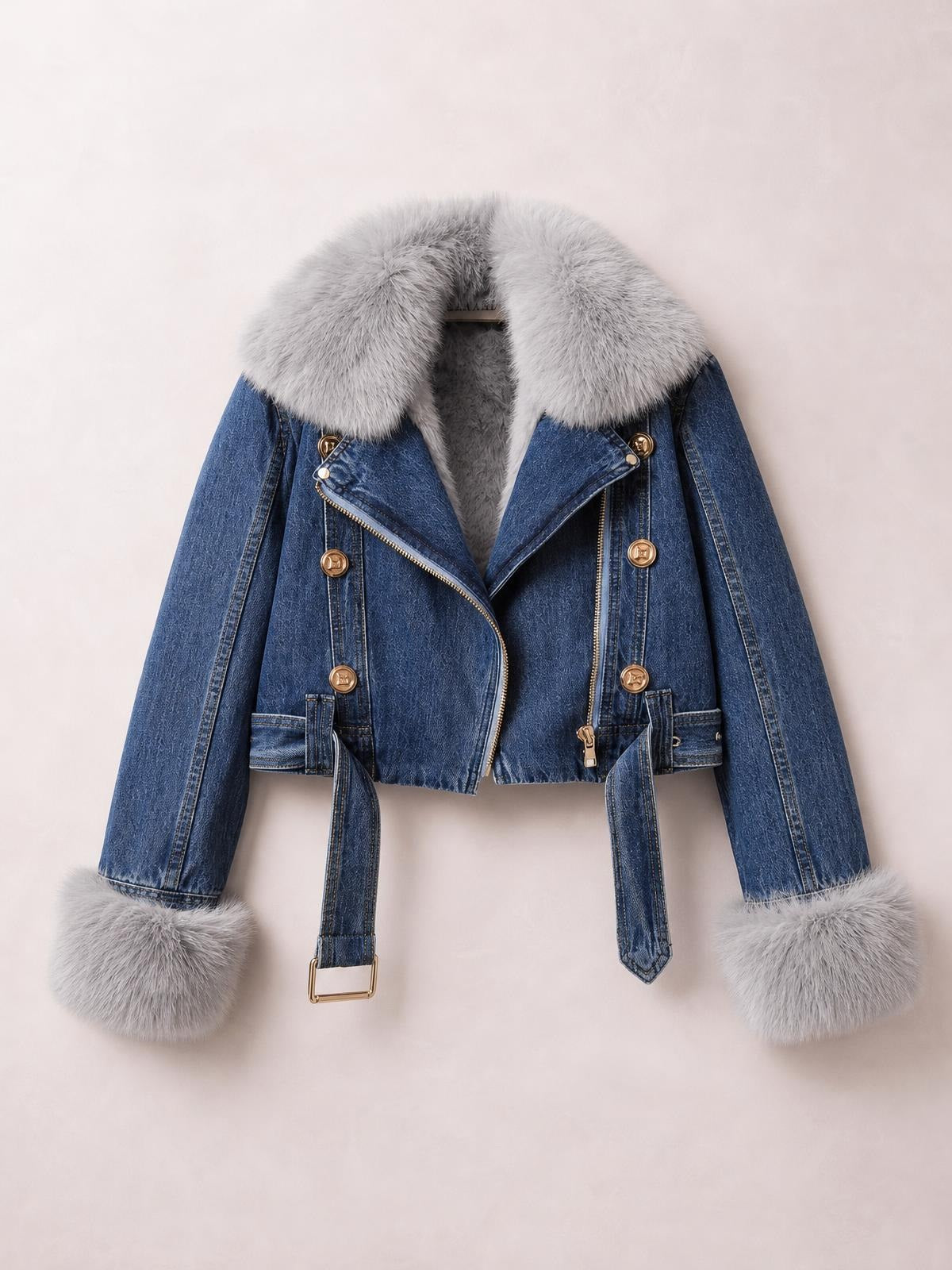 Blue denim jacket with a cropped moto silhouette, oversized gray faux fur collar and cuffs, asymmetrical zipper, gold buttons, and tie belt details.