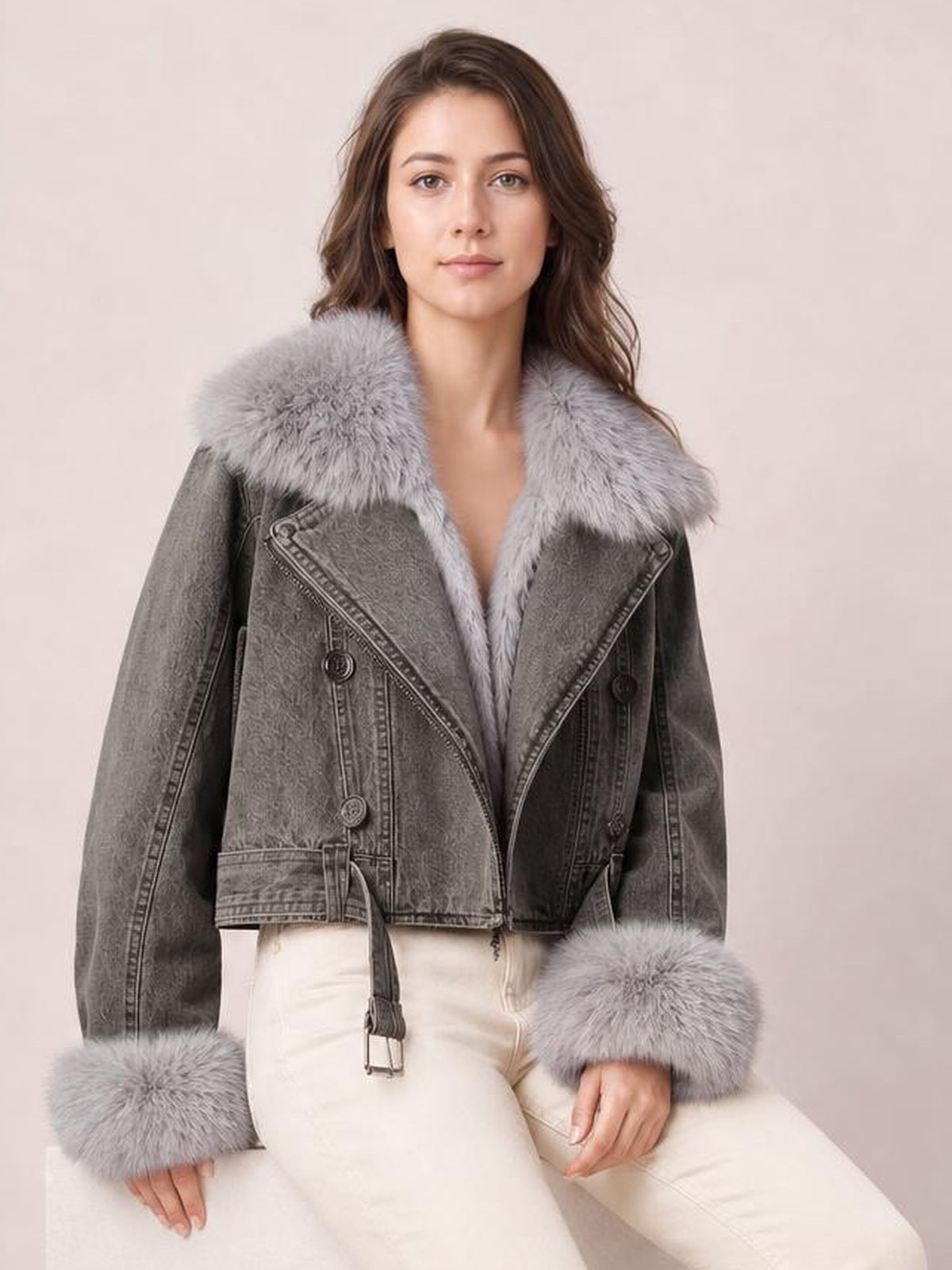 A seated model wears a gray denim jacket with a plush faux fur collar and cuffs, cropped silhouette, wide lapels, button details, and a belted waist.