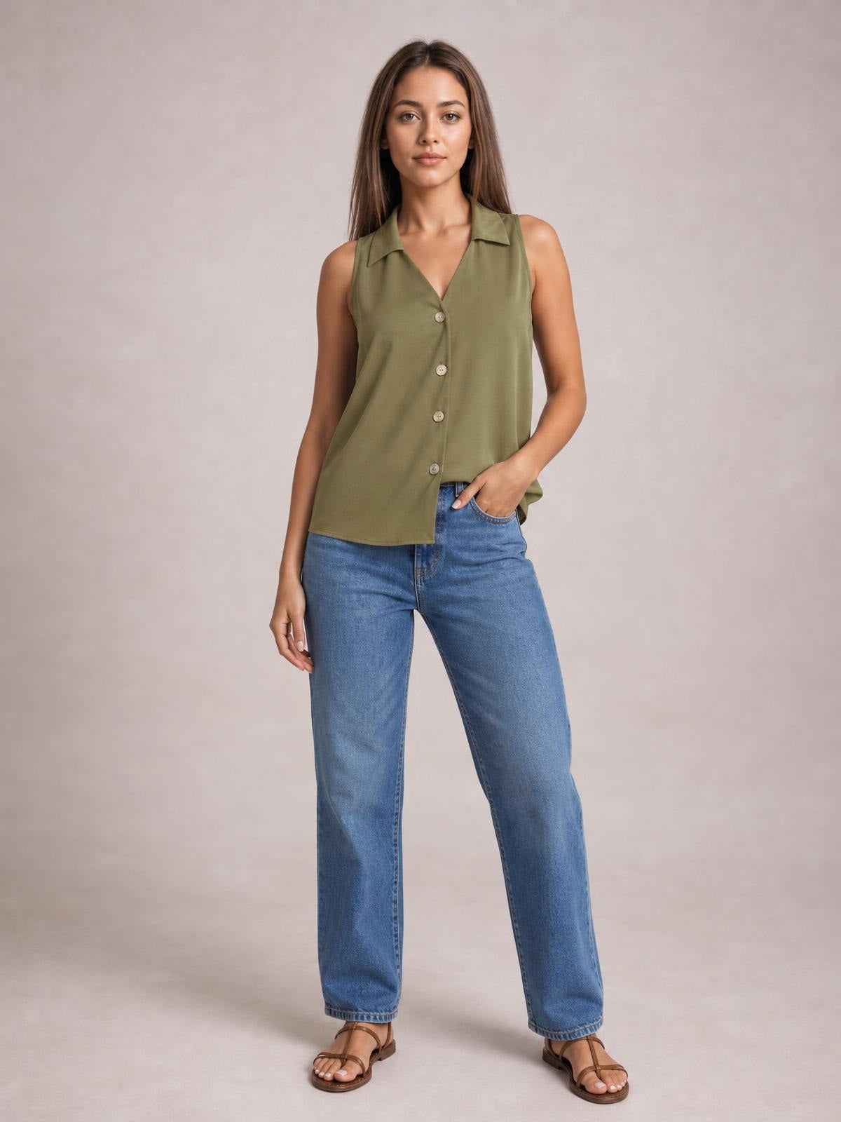 Model wears an olive green sleeveless Johnny collar tank with a button front, relaxed straight silhouette, and slightly curved hem, posing with one hand in her jeans pocket.