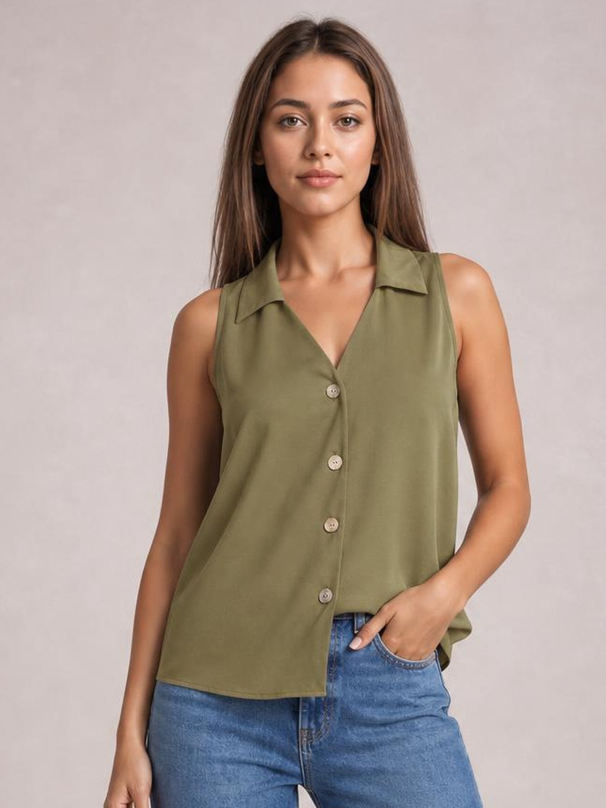 Model wearing an olive green Johnny collar button-up tank with a sleeveless relaxed silhouette, pointed collar, and full front button construction.