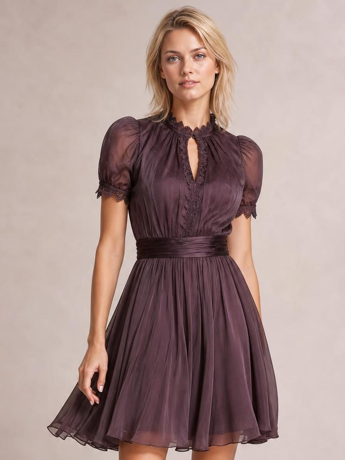 A model stands with one hand on the skirt, wearing a plum A-line dress with puff sleeves, lace-trimmed neckline and cuffs, keyhole front, and gathered waist.