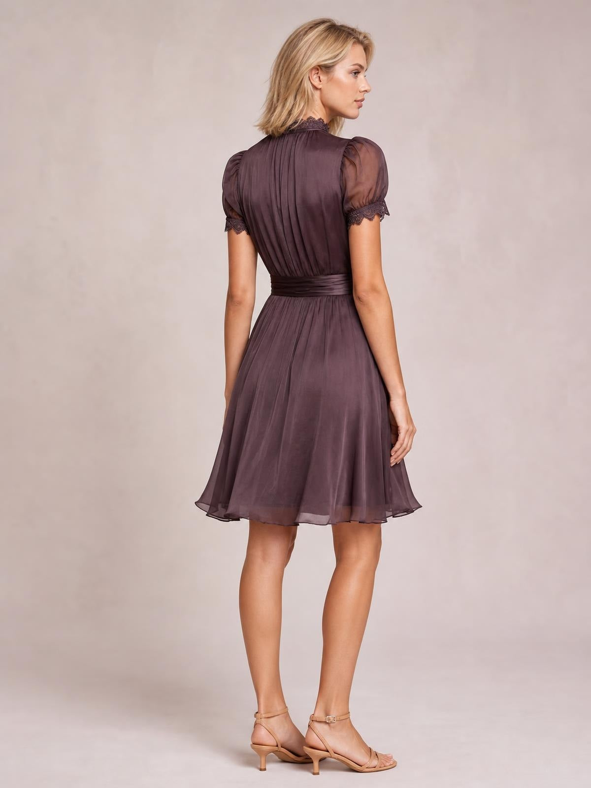 Model shown from the back in a mauve lace-trim A-line dress with puff sleeves, a fitted waist, pleated construction, and a softly flared knee-length skirt.