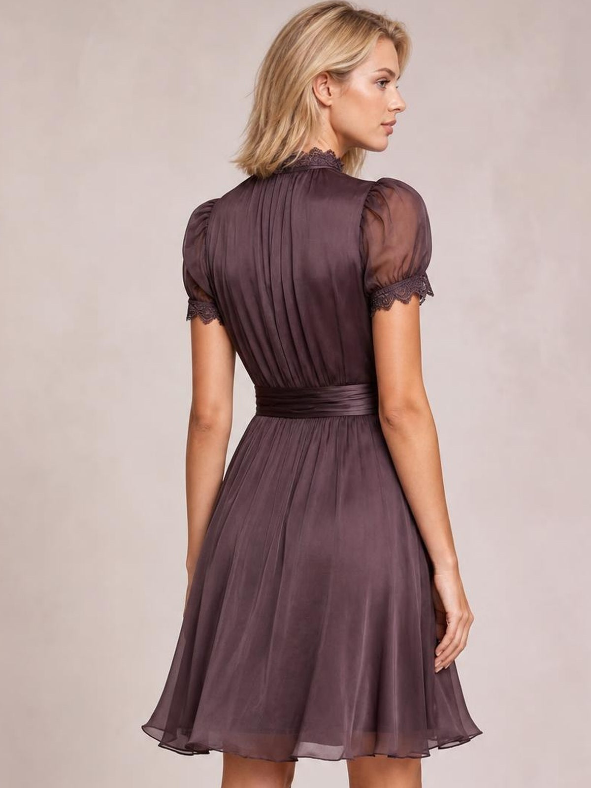 A model poses in a plum plus-size A-line dress with a cinched waist, pleated bodice, sheer puff sleeves, and lace trim at the collar and cuffs.