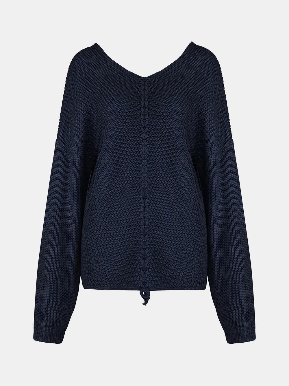 Navy long-sleeve sweater with a relaxed silhouette, textured knit construction, V-neckline, center lace-up detail, and tie at the cropped hem.