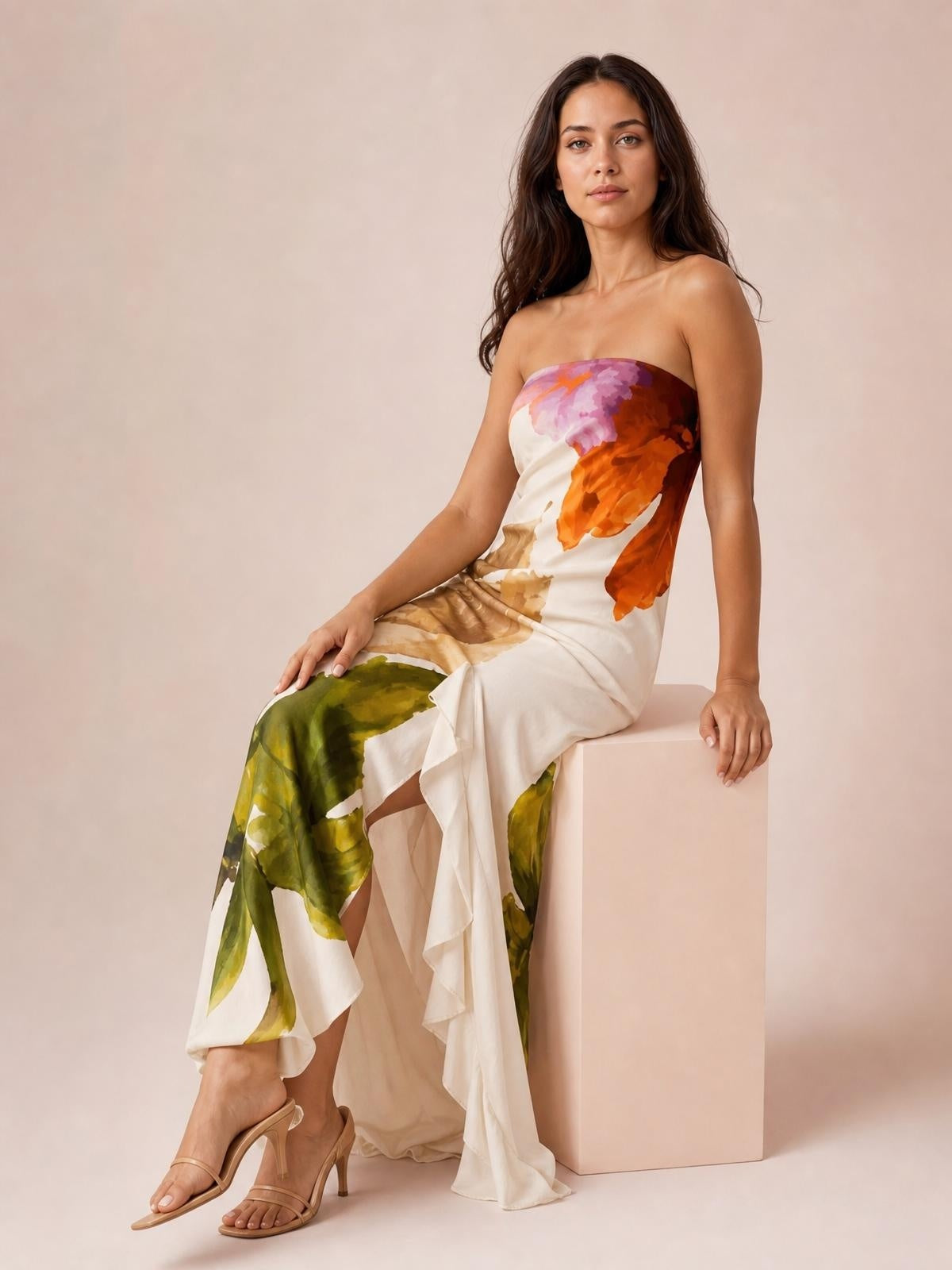 Model seated in a floral-print satin maxi dress with a strapless neckline, fitted silhouette, and flowing draped ruffle hem in orange, pink, cream, and green.