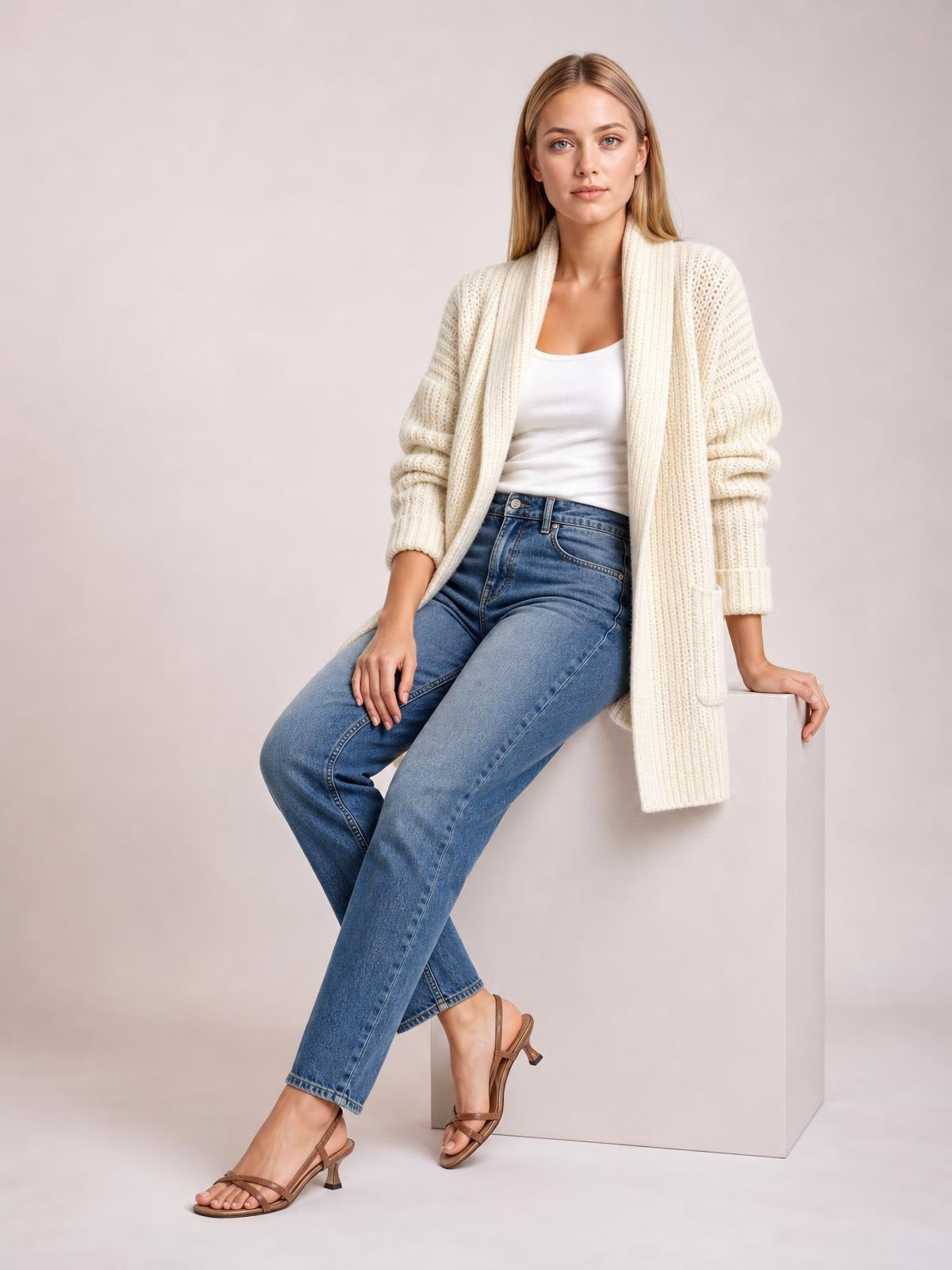 A model sits in a cream open-front ribbed cardigan with long sleeves, patch pockets, and a relaxed longline silhouette over a white top and jeans.