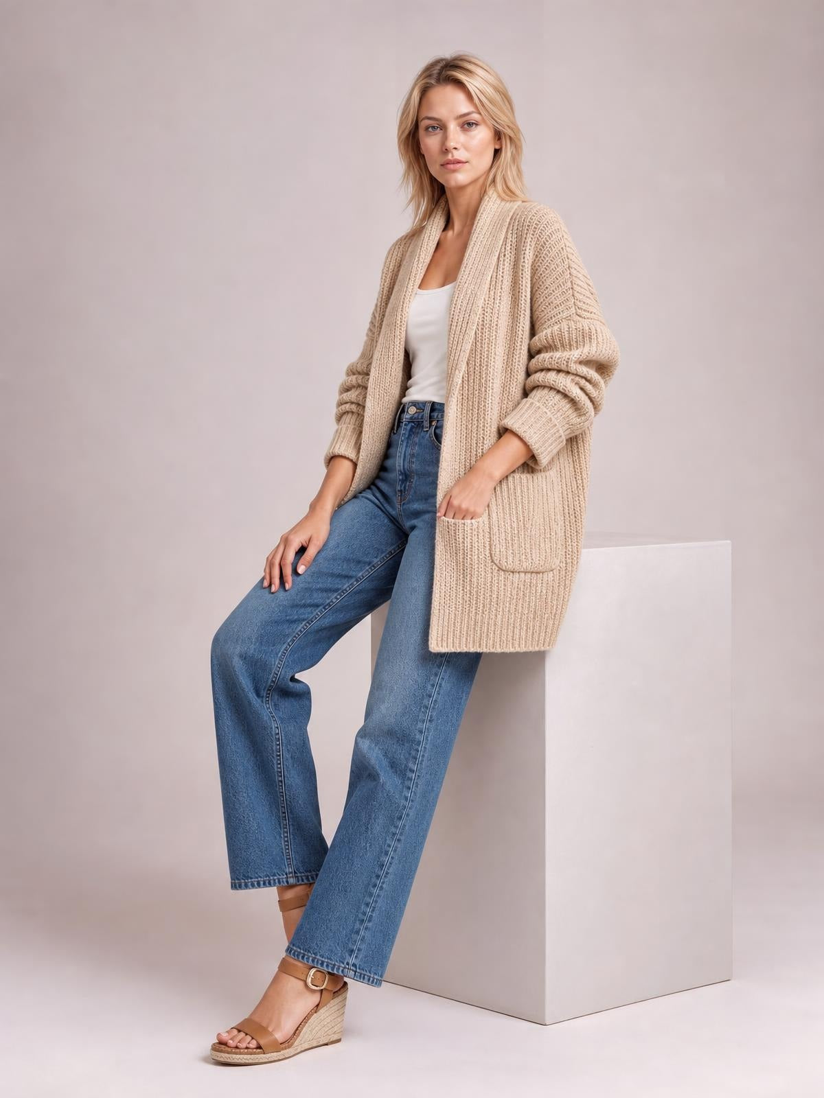 Model wears a beige ribbed open-front cardigan with long sleeves, a relaxed silhouette, and large front pockets over a white top.