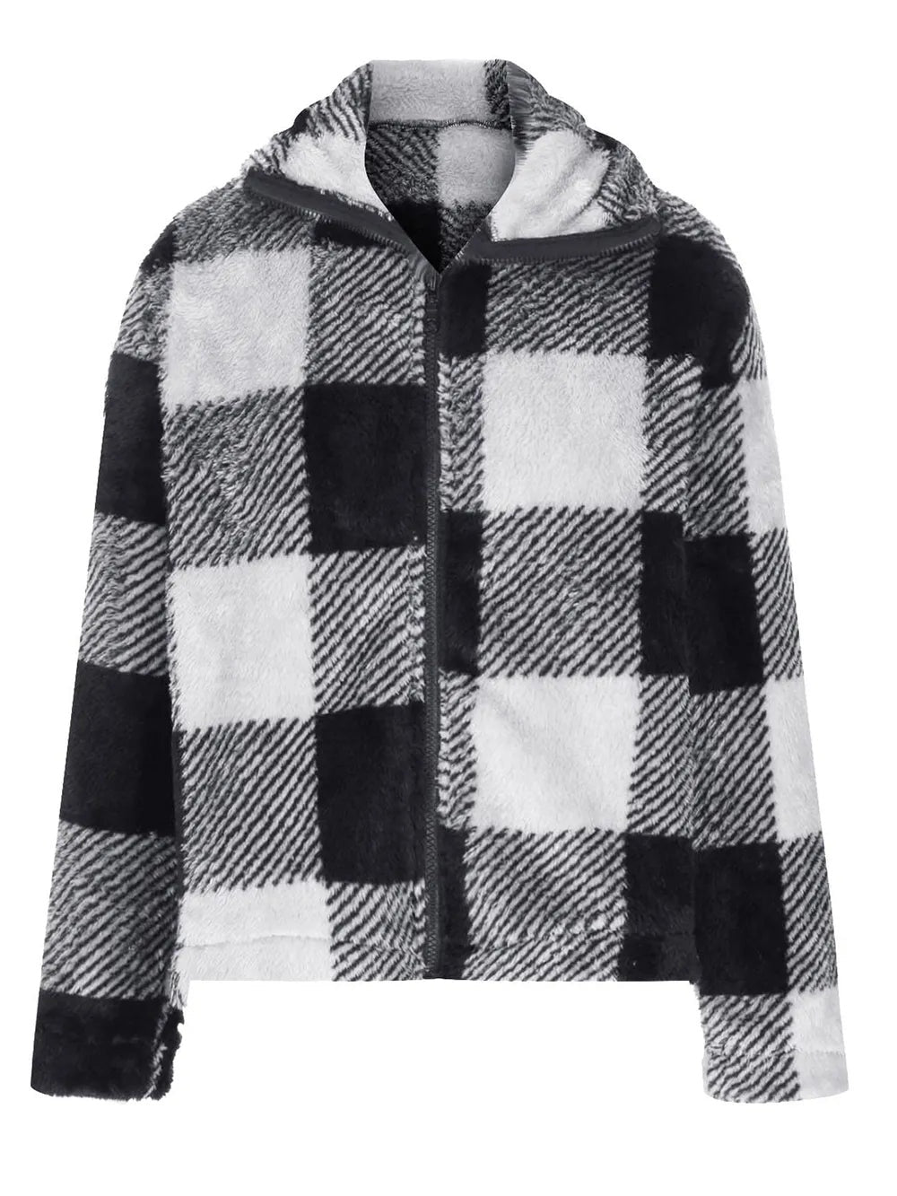 Black-and-white plaid zip-up jacket with long sleeves, a boxy cropped silhouette, and a structured collar with a visible front zipper.