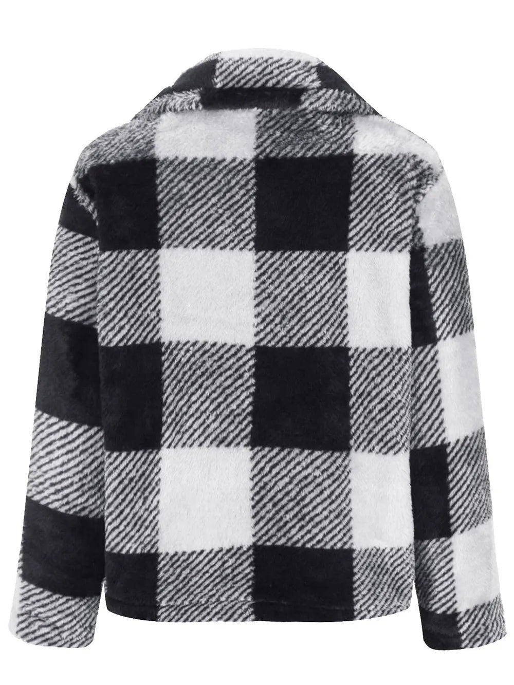 Black-and-white plaid long-sleeve jacket shown from the back, featuring a collared neckline, relaxed straight silhouette, and soft brushed construction.