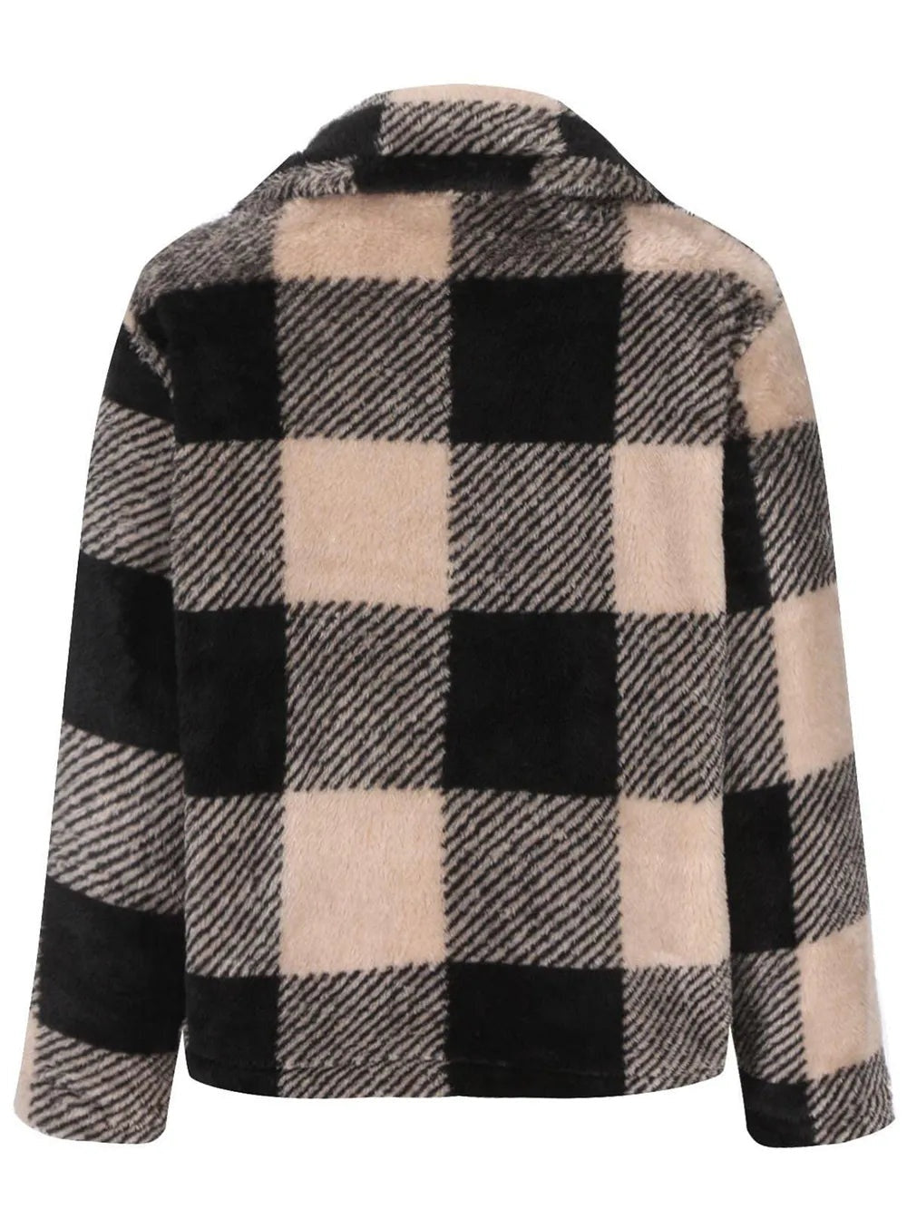 Black and beige plaid long-sleeve jacket shown from the back, featuring a collared neckline, relaxed straight silhouette, and soft textured construction.