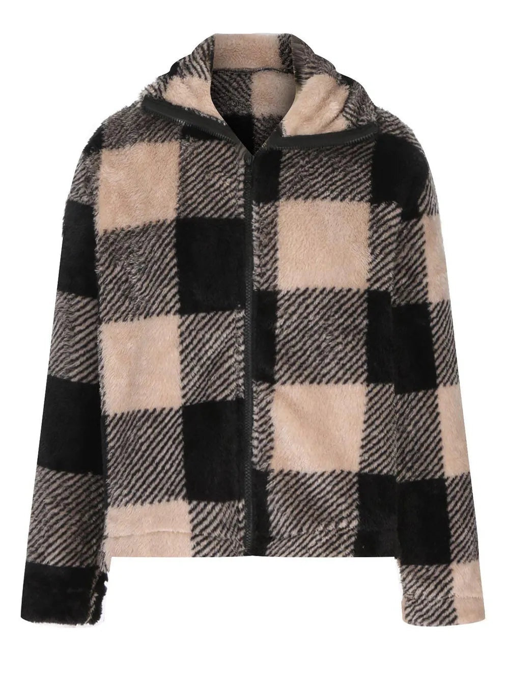 A beige, black, and gray plaid zip-up jacket with long sleeves, a stand collar, textured fabric, and a relaxed straight silhouette.