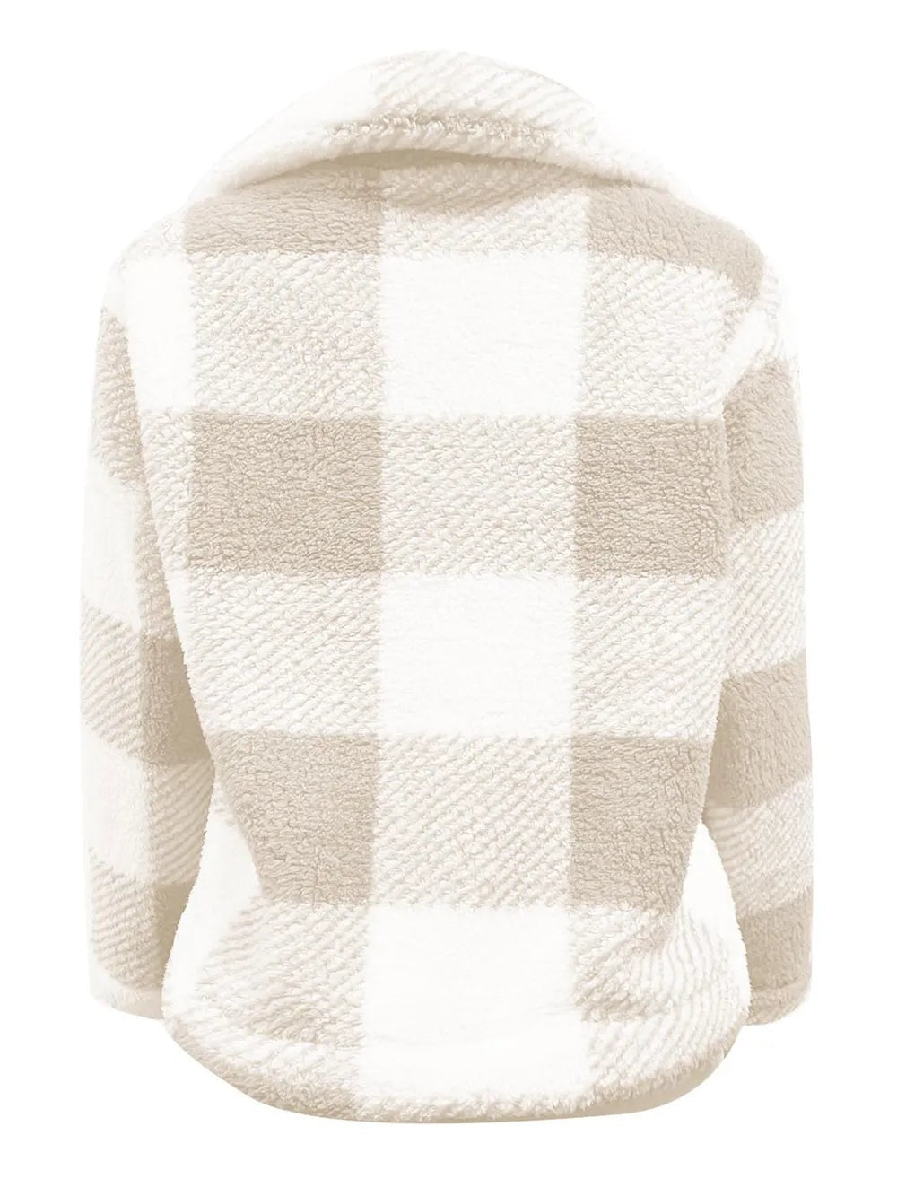 Back view of a cream-and-beige plaid zip-up long-sleeve jacket with a hood, plush textured fabric, relaxed silhouette, and curved hem.