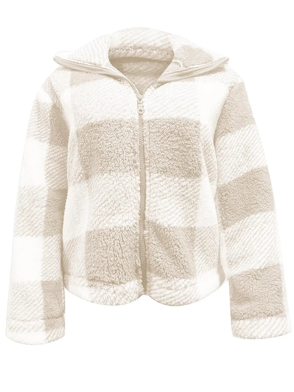 Cream and white plaid zip-up jacket with long sleeves, a textured fleece-like finish, front zipper, and a relaxed waist-length silhouette.