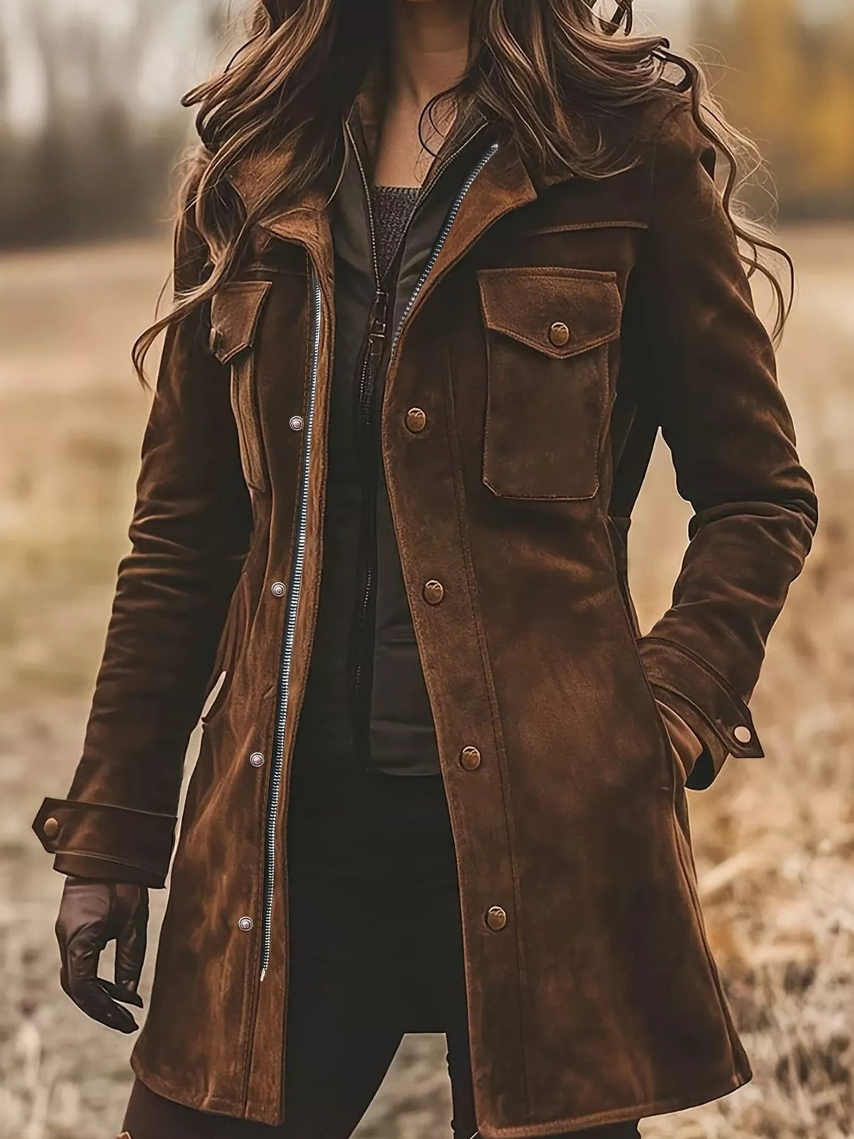 Model wearing a brown long-sleeve jacket with a front zipper, snap closures, multiple flap pockets, adjustable cuffs, and a long relaxed silhouette.