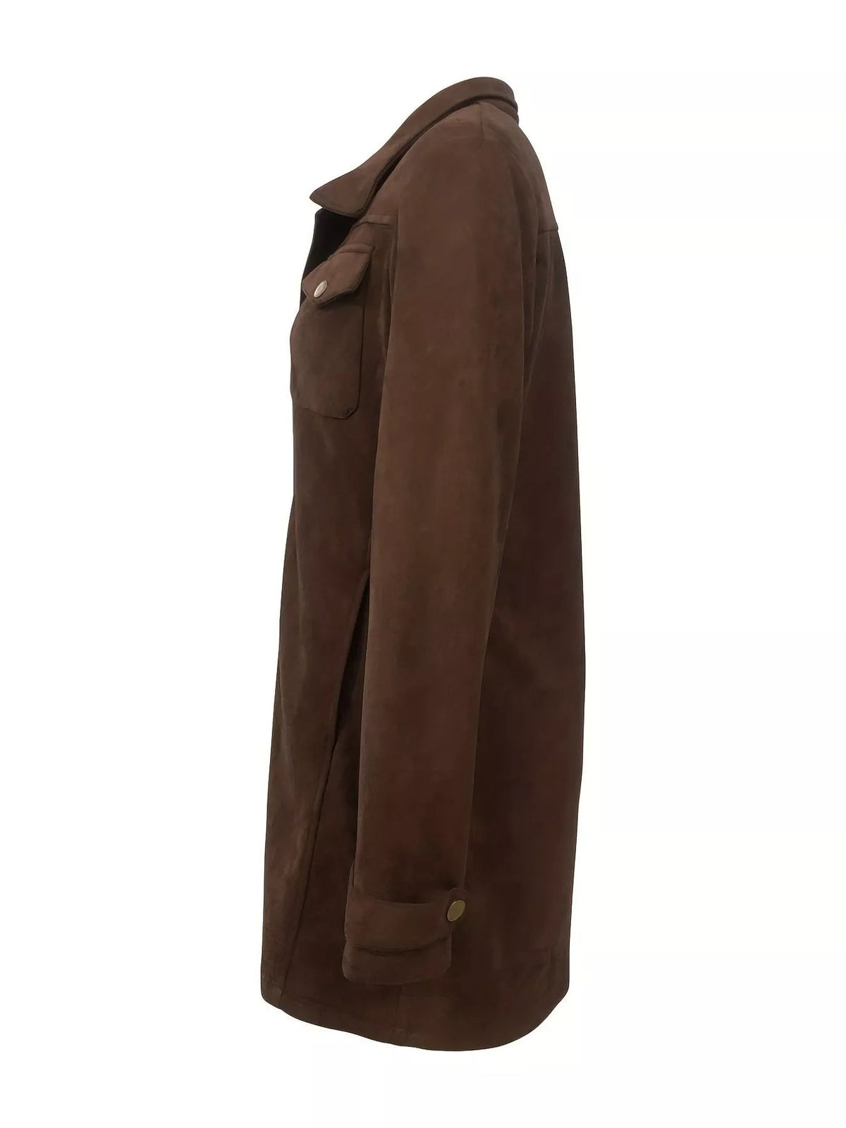 Brown long-sleeve jacket shown in side view with a collared neckline, straight silhouette, front flap pockets, and buttoned cuffs.