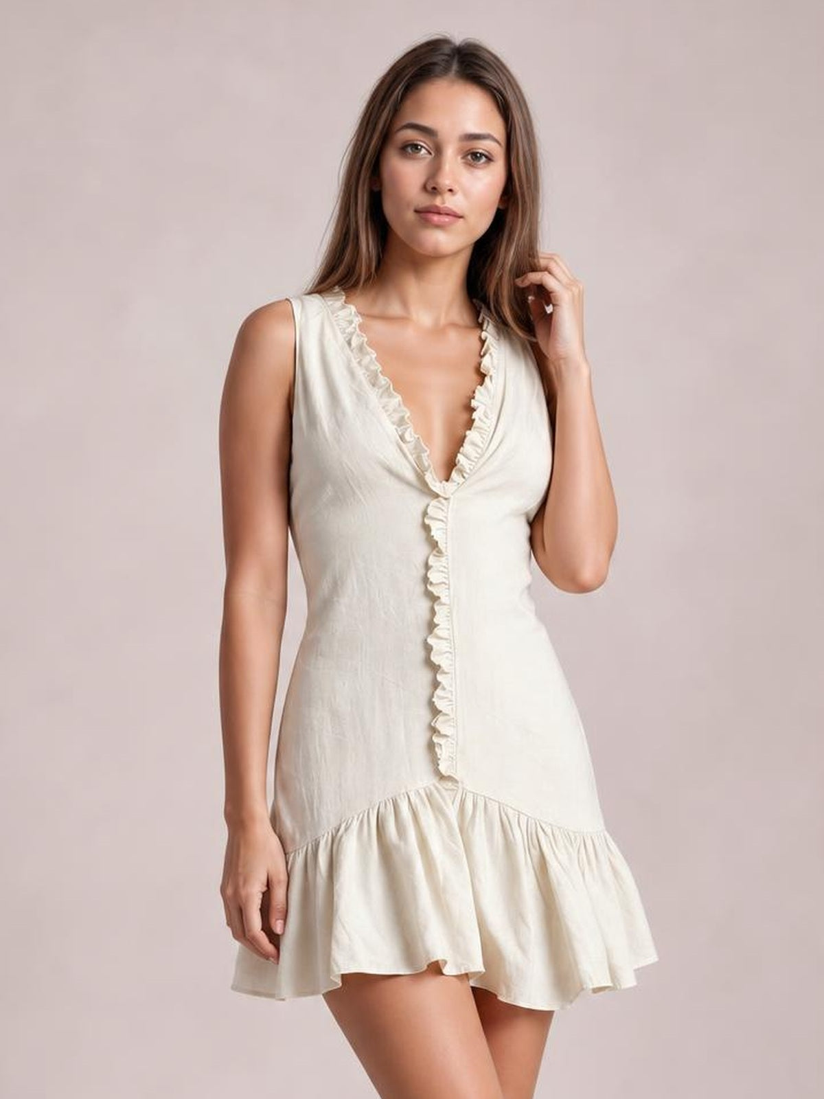 A model poses in a cream sleeveless mini dress with a deep V-neck, ruffled trim, fitted silhouette, and gathered flared hem while touching her hair.