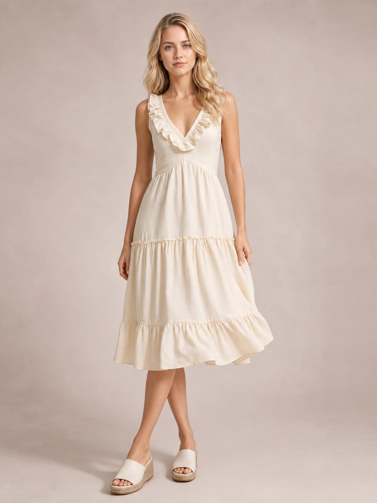 Model stands with crossed legs in a cream ruffled V-neck tiered midi dress featuring a softly flared silhouette and gathered tier construction.