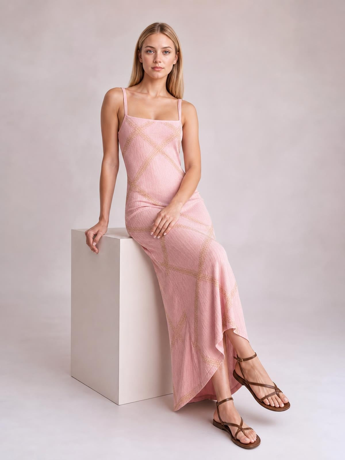 A seated model wears a pink square-neck maxi dress with thin straps, a fitted silhouette, textured fabric, and a geometric lattice pattern.