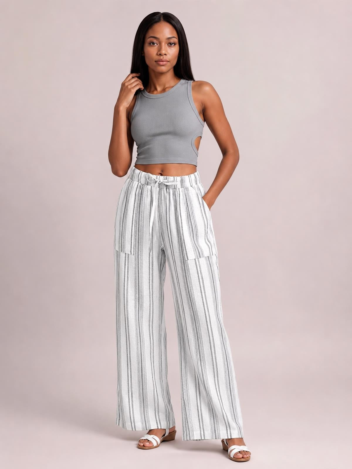 Striped Wide Leg Pants · Medium / Three-Quarter